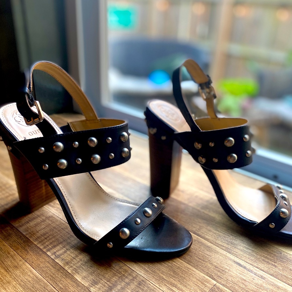 Guess Heels, black with silver studs, wood look heel.